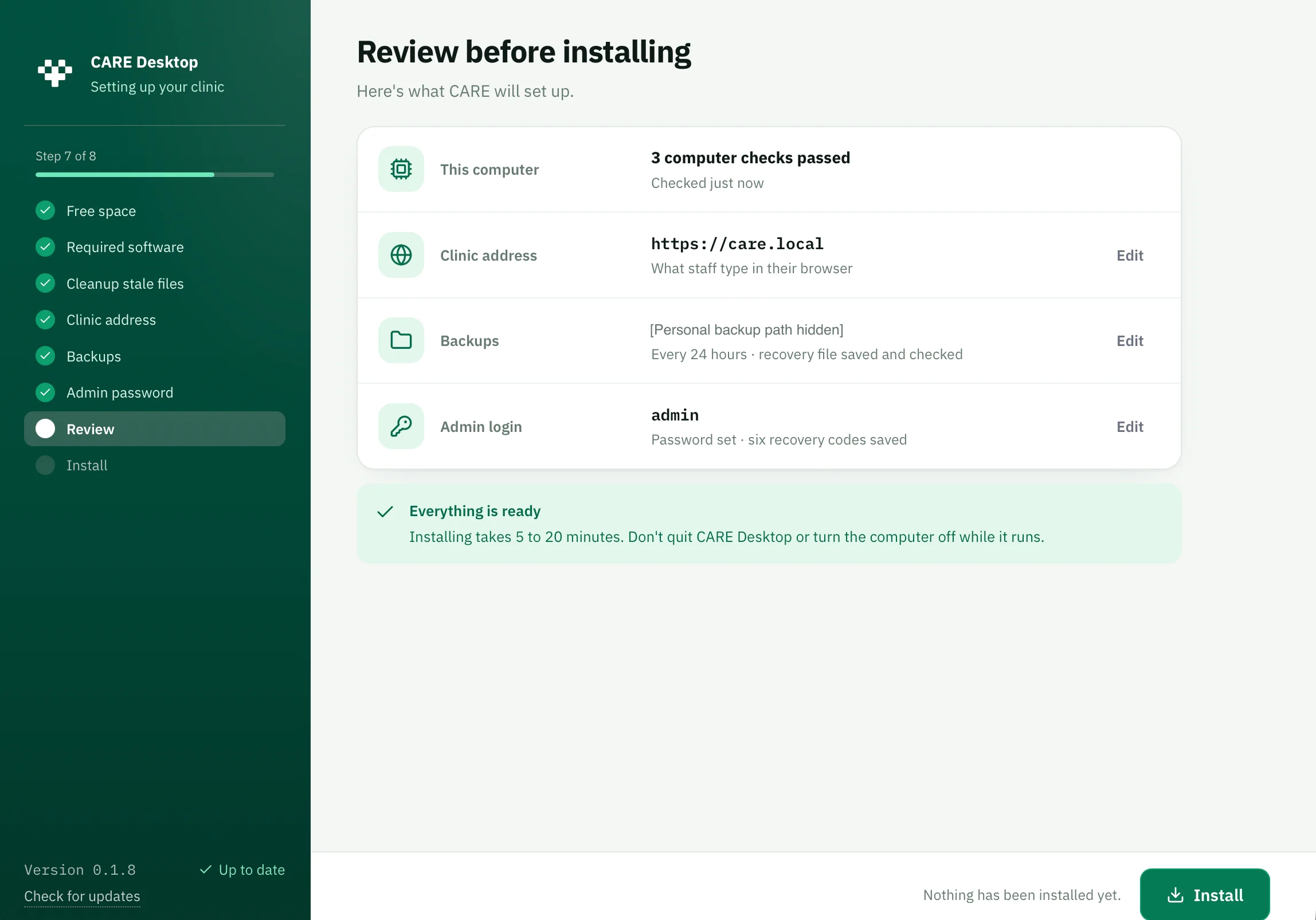 Setup review with verified backup recovery file and saved admin recovery codes before installation; personal backup path redacted