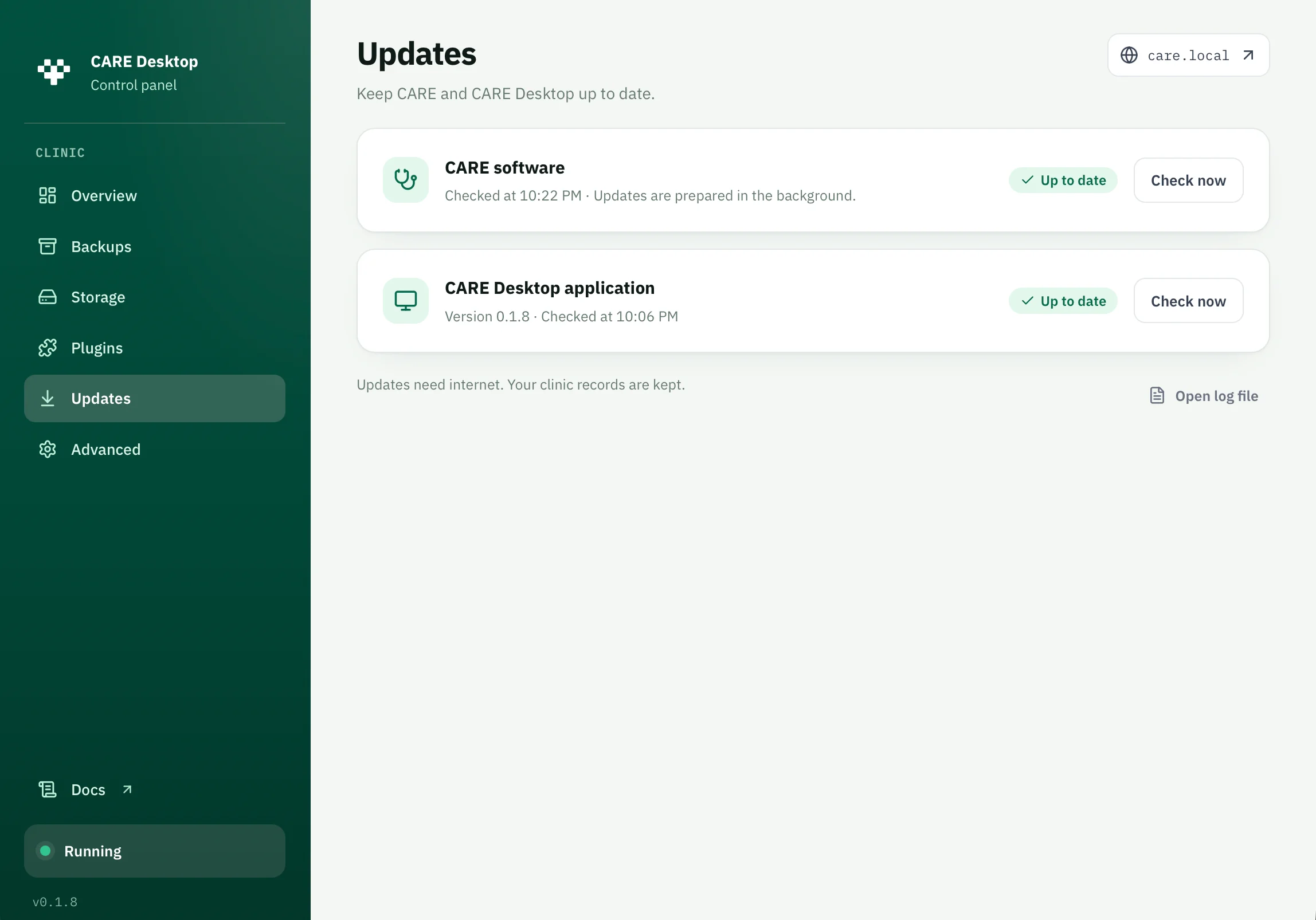 Updates tab separating CARE software from the desktop application; screenshot retains version 0.1.8 and CARE Desktop branding